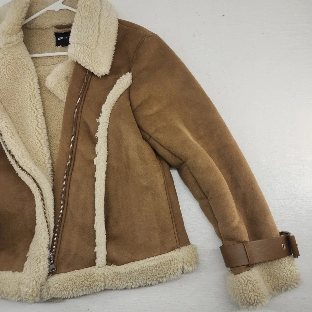 Express Large | Brown Faux Suede Shearling Moto Jacket Aviator‎ Winter Coat